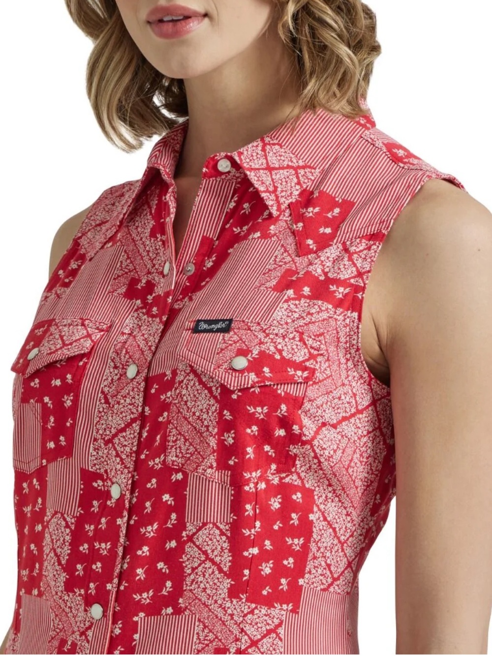 Wrangler Retro Women’s L Red & White Sleeveless Patchwork Button-Down Shirt EUC